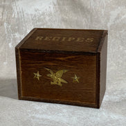Vintage Japanese Export Wood Recipe Box | Patriotic Eagle & Stars | Gold Lettering | Made in Japan | 1950s–1960s | Mid-Century Kitchen