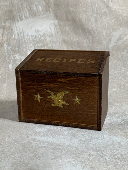 Vintage Japanese Export Wood Recipe Box | Patriotic Eagle & Stars | Gold Lettering | Made in Japan | 1950s–1960s | Mid-Century Kitchen