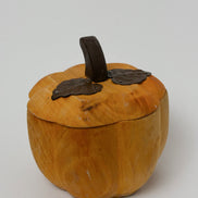Hand-Carved Wooden Pumpkin Box with Lid, Metal Leaf Accent