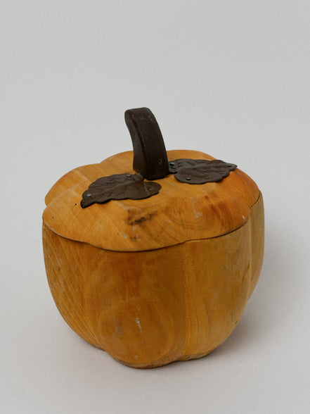 Hand-Carved Wooden Pumpkin Box with Lid, Metal Leaf Accent
