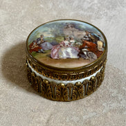 Antique German porcelain trinket box with Watteau Fête Galante scene lid — circa 1895–1914