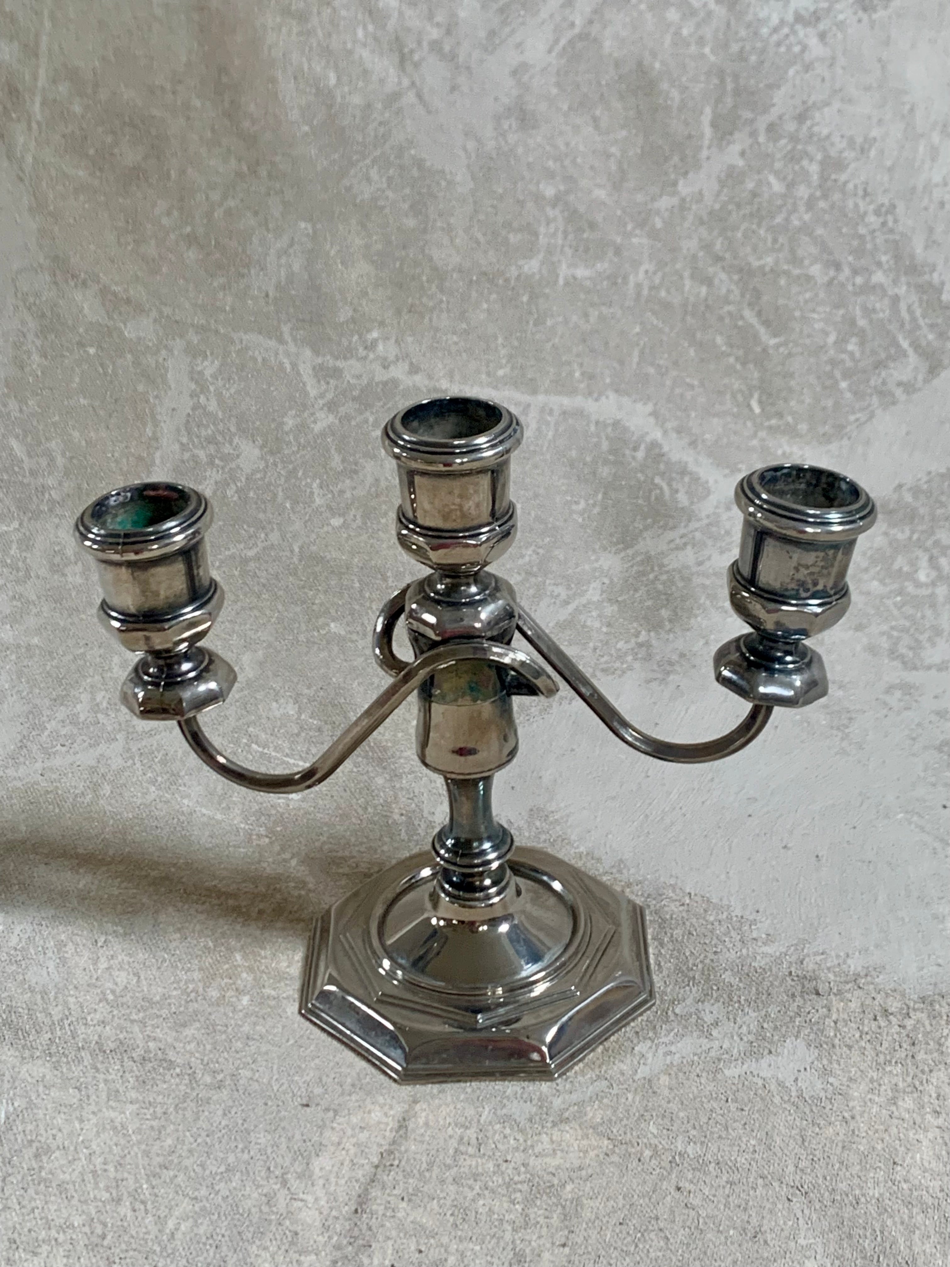 Silver plate candelabra showing natural tarnish and patina — authentic age wear