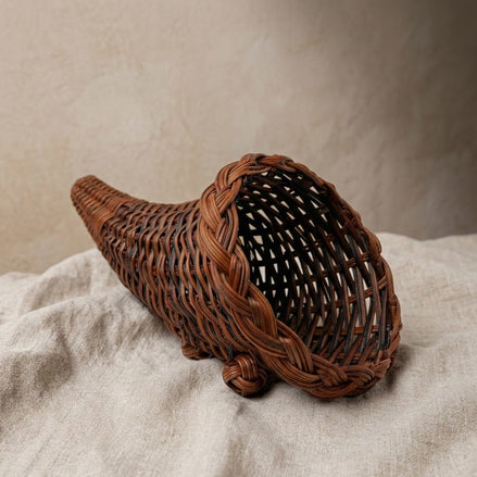 Vintage Wicker Cornucopia Basket, Braided Rim, Knot Feet