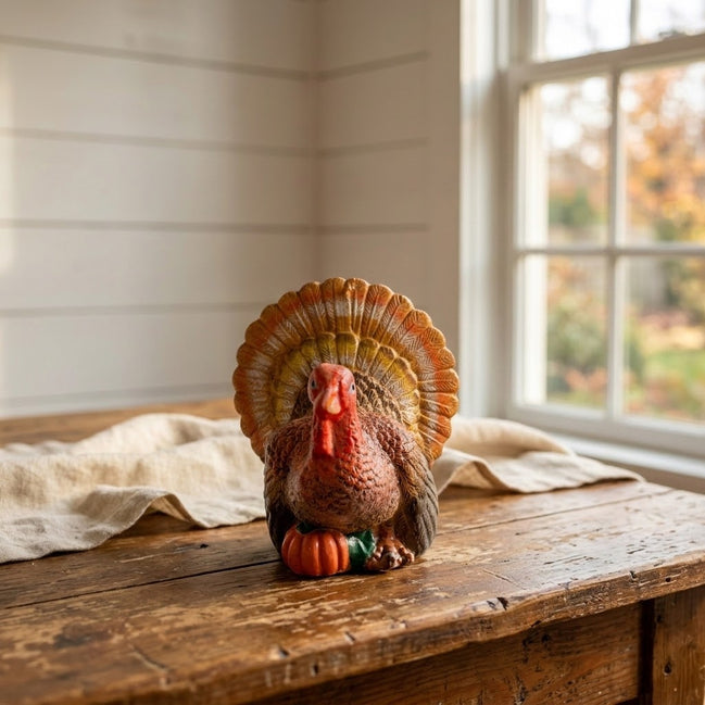 Vintage Thanksgiving Turkey Candle with Pumpkin, Hand-Painted Wax