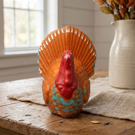 Vintage Figural Turkey Candle, Orange with Teal Breast
