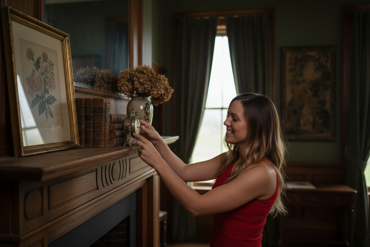 Woman curating vintage decor vignette