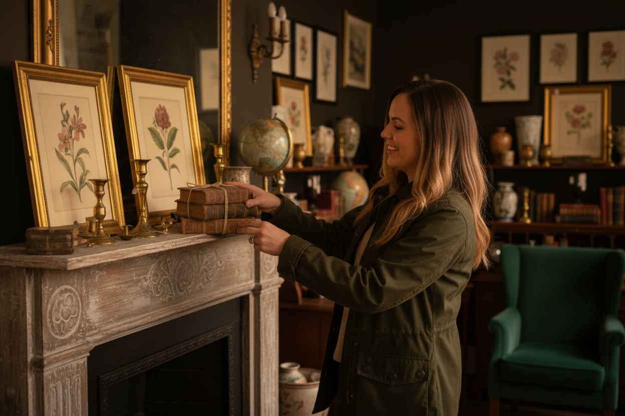 Woman in hunter green jacket curating vintage decor