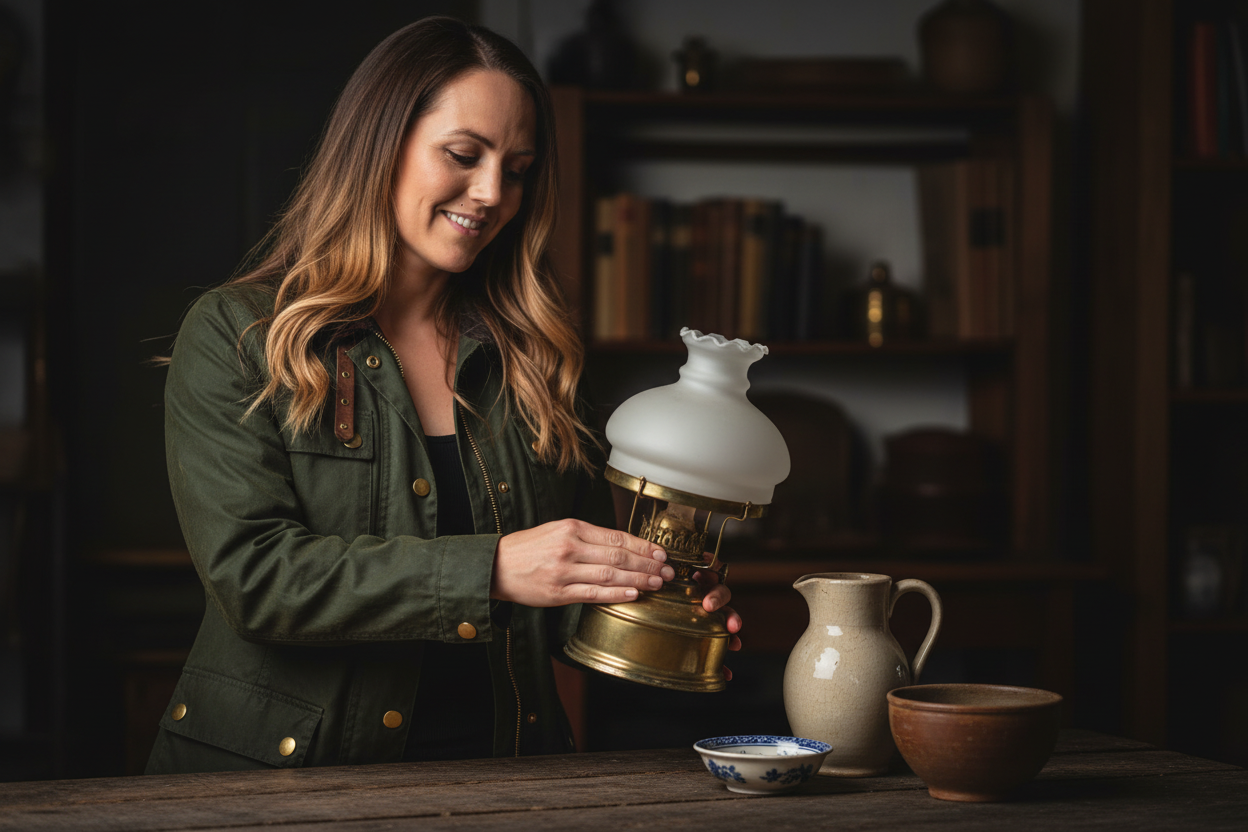 Woman in hunter green jacket examining vintage lamp