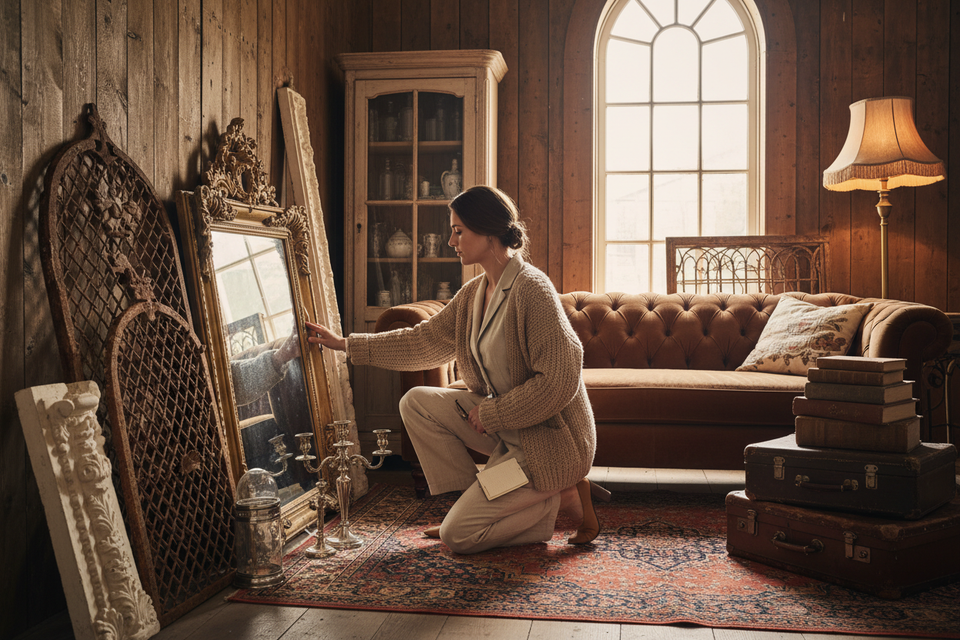 Woman searching for vintage decor items on commission